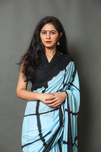 Aqua & Black Checks Block Print Cotton Saree with Blouse