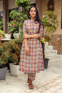 Maroon Jaal Block Print A-line Pant Set