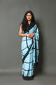 Aqua & Black Checks Block Print Cotton Saree with Blouse