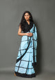 Aqua & Black Checks Block Print Cotton Saree with Blouse