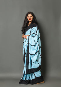 Aqua & Black Checks Block Print Cotton Saree with Blouse