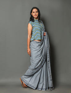 Grey Applique Work Cotton Saree with Unstitched Blouse