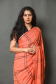 Coral & Black Dual Lining Block Print Cotton Saree with Blouse