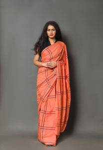 Coral & Black Dual Lining Block Print Cotton Saree with Blouse
