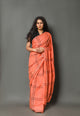 Coral & Black Dual Lining Block Print Cotton Saree with Blouse