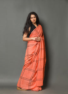 Coral & Black Dual Lining Block Print Cotton Saree with Blouse