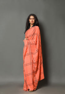 Coral & Black Dual Lining Block Print Cotton Saree with Blouse