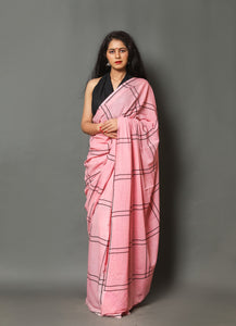 Pink Dual Black Line printed Cotton Saree with Blouse