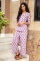 Purple Block Print Cotton Short Kurta Pant Set