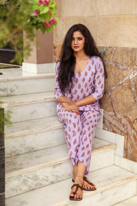 Purple Block Print Cotton Short Kurta Pant Set