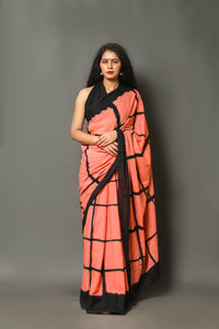 Coral & Black Checks Block Print Cotton Saree with Blouse