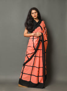 Coral & Black Checks Block Print Cotton Saree with Blouse
