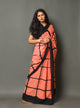 Coral & Black Checks Block Print Cotton Saree with Blouse