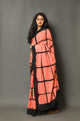 Coral & Black Checks Block Print Cotton Saree with Blouse