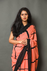 Coral & Black Checks Block Print Cotton Saree with Blouse
