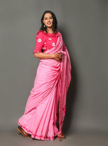 Baby Pink Applique Work Cotton Saree with Unstitched Blouse