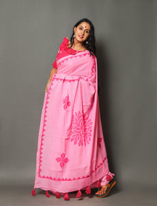 Baby Pink Applique Work Cotton Saree with Unstitched Blouse