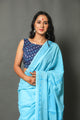 Aqua  Blue Applique Work Cotton Saree with Blouse Piece