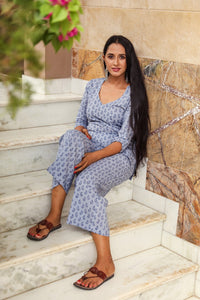 Blue Block Print Cotton Short Kurta Pant Set