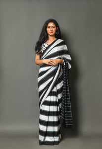 Black & White Strip Block Print Cotton Saree with Blouse