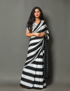 Black & White Strip Block Print Cotton Saree with Blouse