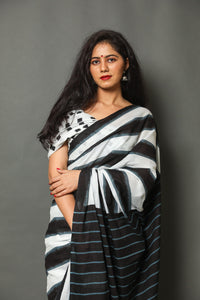 Black & White Strip Block Print Cotton Saree with Blouse