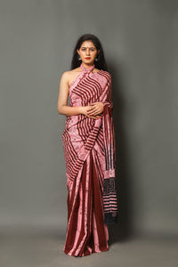 Pink & Maroon Batik Block Print Cotton Saree With Blouse