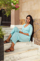 Turquoise Block Print Cotton Short Kurta Pant Set