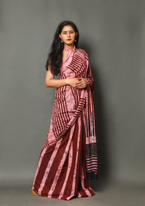 Pink & Maroon Batik Block Print Cotton Saree With Blouse