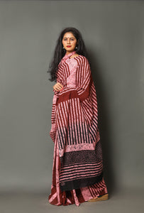 Pink & Maroon Batik Block Print Cotton Saree With Blouse