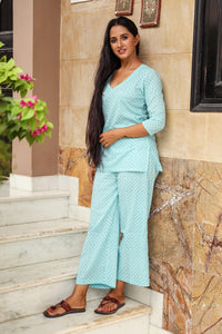 Turquoise Block Print Cotton Short Kurta Pant Set