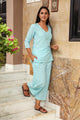 Turquoise Block Print Cotton Short Kurta Pant Set