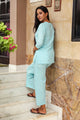 Turquoise Block Print Cotton Short Kurta Pant Set