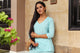 Turquoise Block Print Cotton Short Kurta Pant Set