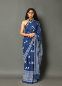 Blue Block Bird Print Cotton Saree with Blouse