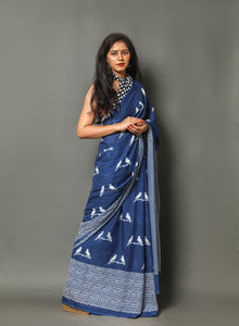 Blue Block Bird Print Cotton Saree with Blouse