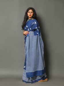 Blue Block Bird Print Cotton Saree with Blouse