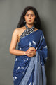 Blue Block Bird Print Cotton Saree with Blouse