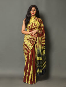 Brown & Yellow Batik Block Print Cotton Saree with Blouse