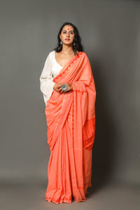 Orange Applique Work Cotton Saree with Unstitched Blouse