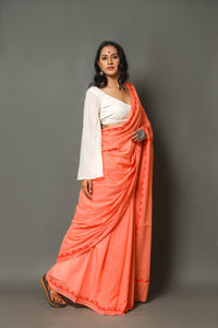 Orange Applique Work Cotton Saree with Unstitched Blouse
