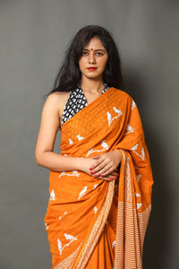 Mustard Chidiya Block Print Cotton Saree with Blouse