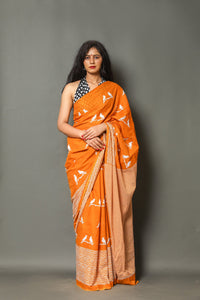 Mustard Chidiya Block Print Cotton Saree with Blouse
