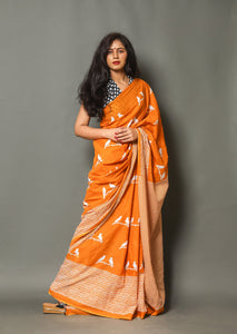 Mustard Chidiya Block Print Cotton Saree with Blouse