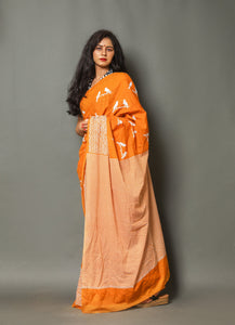 Mustard Chidiya Block Print Cotton Saree with Blouse
