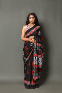 Black & Red Block Butta Print Cotton Saree with Blouse