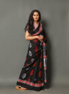 Black & Red Block Butta Print Cotton Saree with Blouse