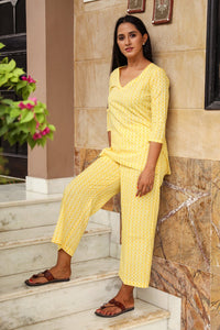 Yellow Block Print Cotton Short Kurta Pant Set