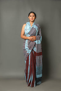 Aqua & Brown Batik Block Print Cotton Saree with Blouse