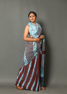 Aqua & Brown Batik Block Print Cotton Saree with Blouse